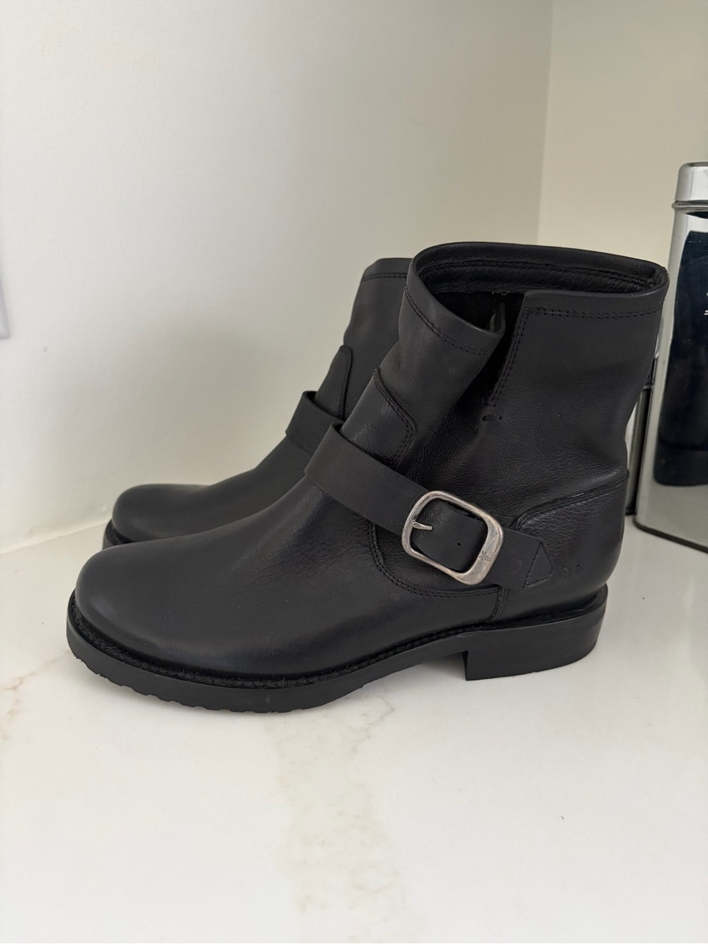 Frye Black Leather Ankle Boots with Buckle
